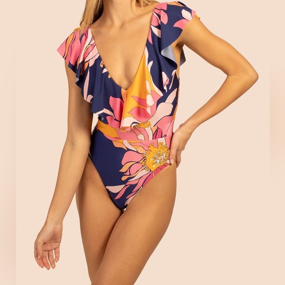 Trina Turk Other - TRINA Turk Breeze Ruffle Plunge One Piece Swim Suit Floral Beach Size 14